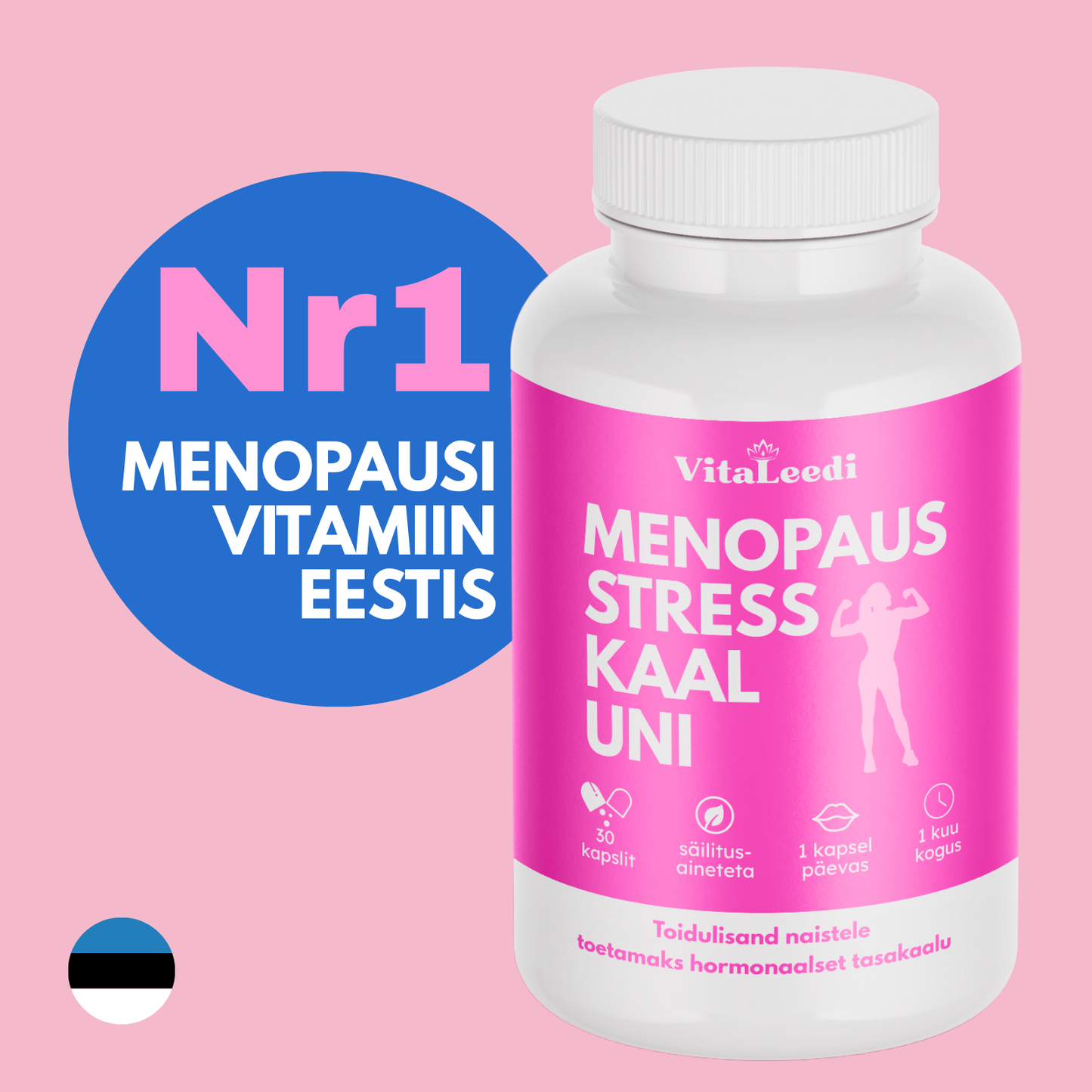 menopausi vitamiini purk roosakal taustal, eesti lipp
